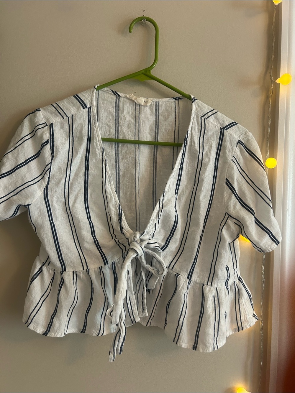 Cropped Striped Tie-Front Peplum Top - White & Navy small